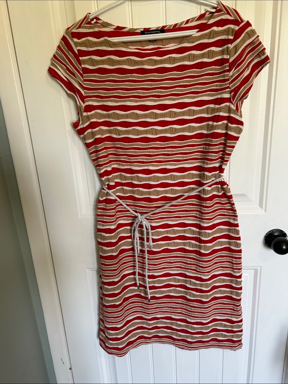 Sharagano Red, Tan and White Striped Tie-Waist Mini Dress